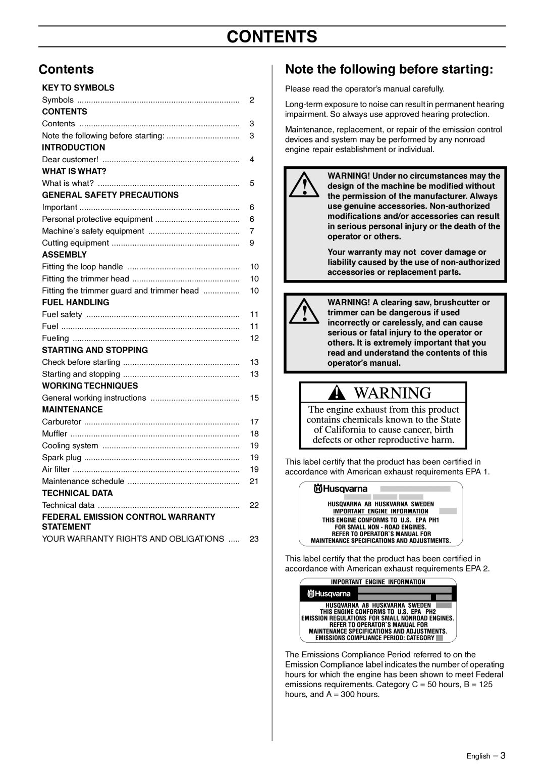 Husqvarna 965069703 manual Contents 