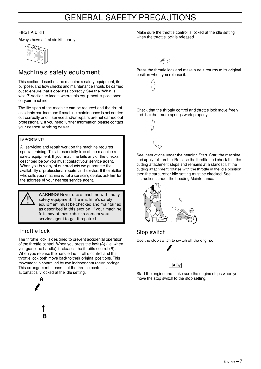 Husqvarna 965069703 manual Machine′s safety equipment, Throttle lock, Stop switch 