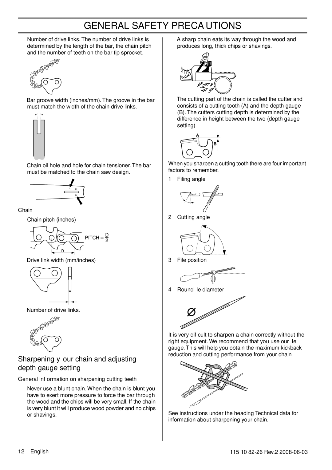 Husqvarna 965167936, 965168601, 965167501 manual Sharpening your chain and adjusting depth gauge setting 