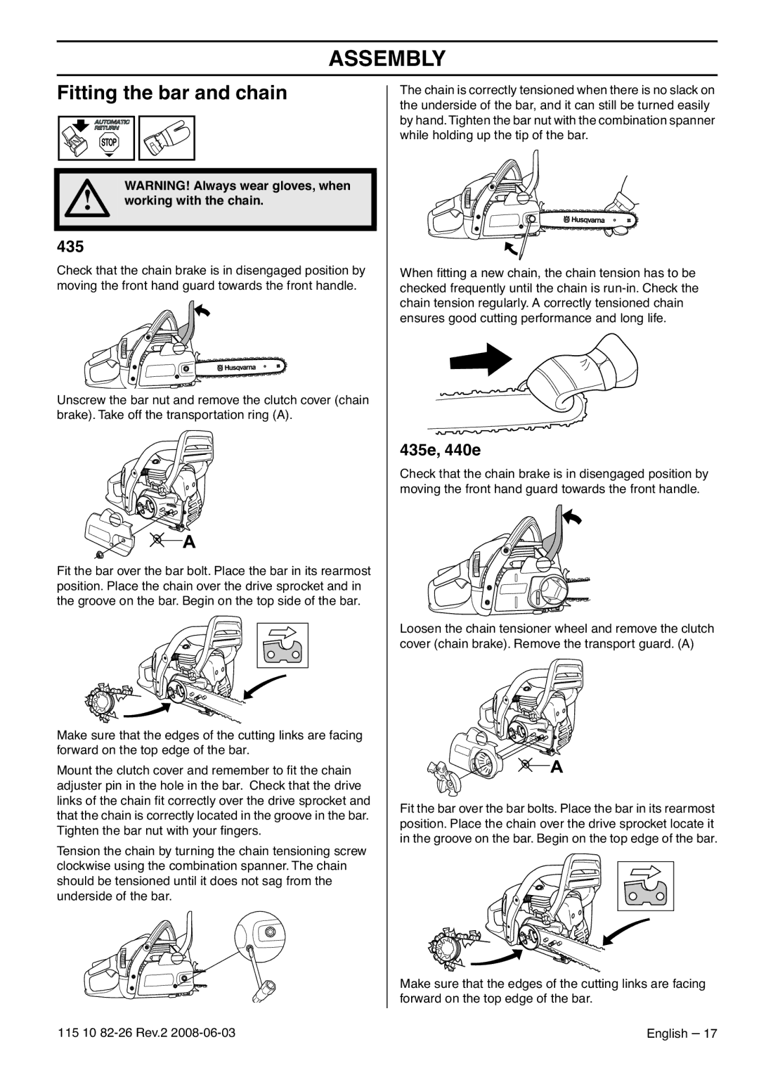 Husqvarna 965167501, 965167936, 965168601 manual Assembly, Fitting the bar and chain, 435e, 440e, Working with the chain 