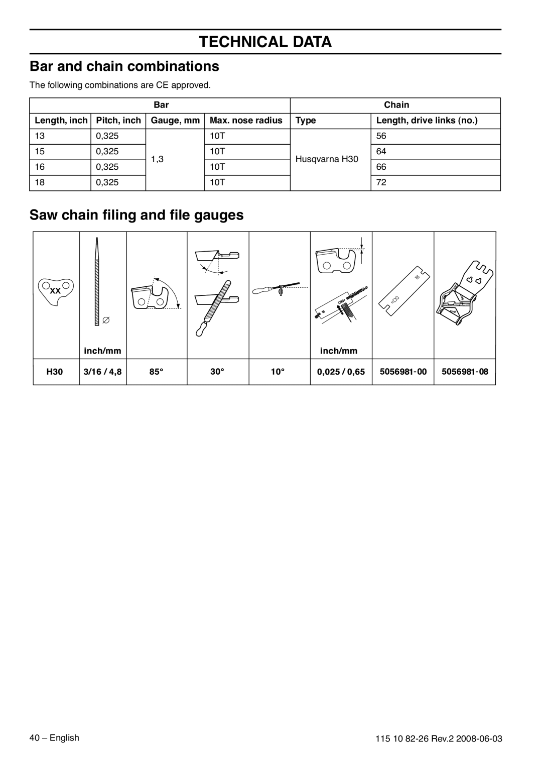 Husqvarna 965168601, 965167936, 965167501 manual Bar and chain combinations, Saw chain ﬁling and ﬁle gauges 