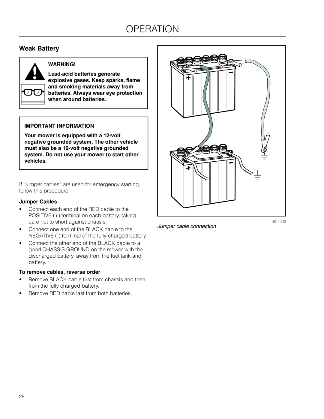 Husqvarna RZ4219R, 96521501, 966495701, 966514801, RZ4219BF manual Weak Battery, Jumper Cables, To remove cables, reverse order 