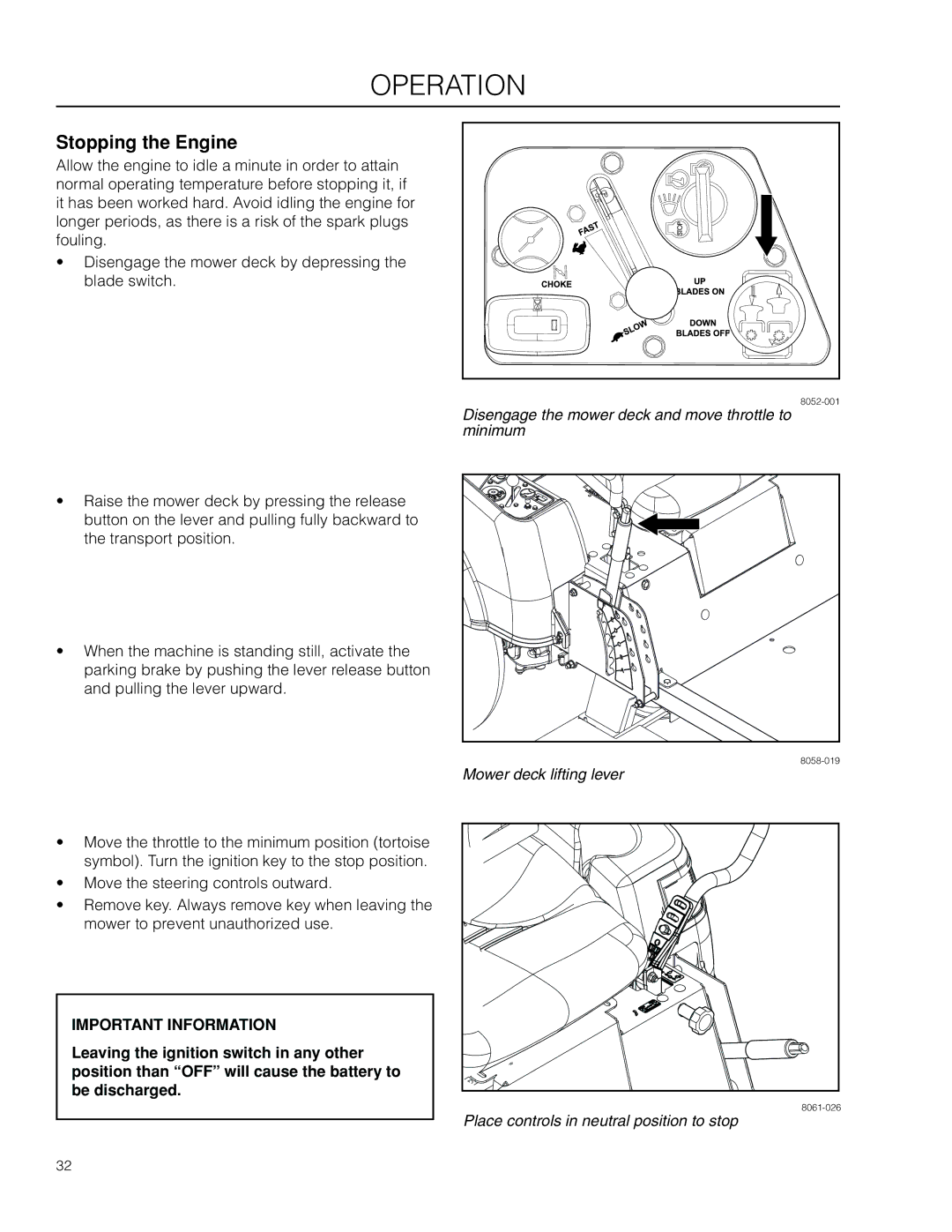 Husqvarna 966514801, 96521501, 966495701, RZ4219R Stopping the Engine, Disengage the mower deck and move throttle to minimum 