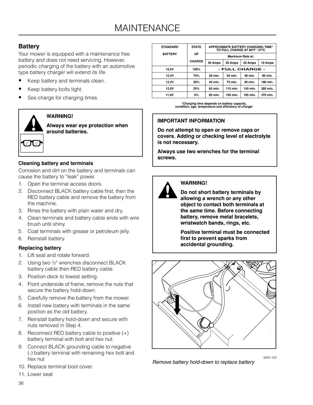 Husqvarna 96521501, 966495701, 966514801, RZ4219BF, RZ4219R, 350927R1 manual Battery, Replacing battery 