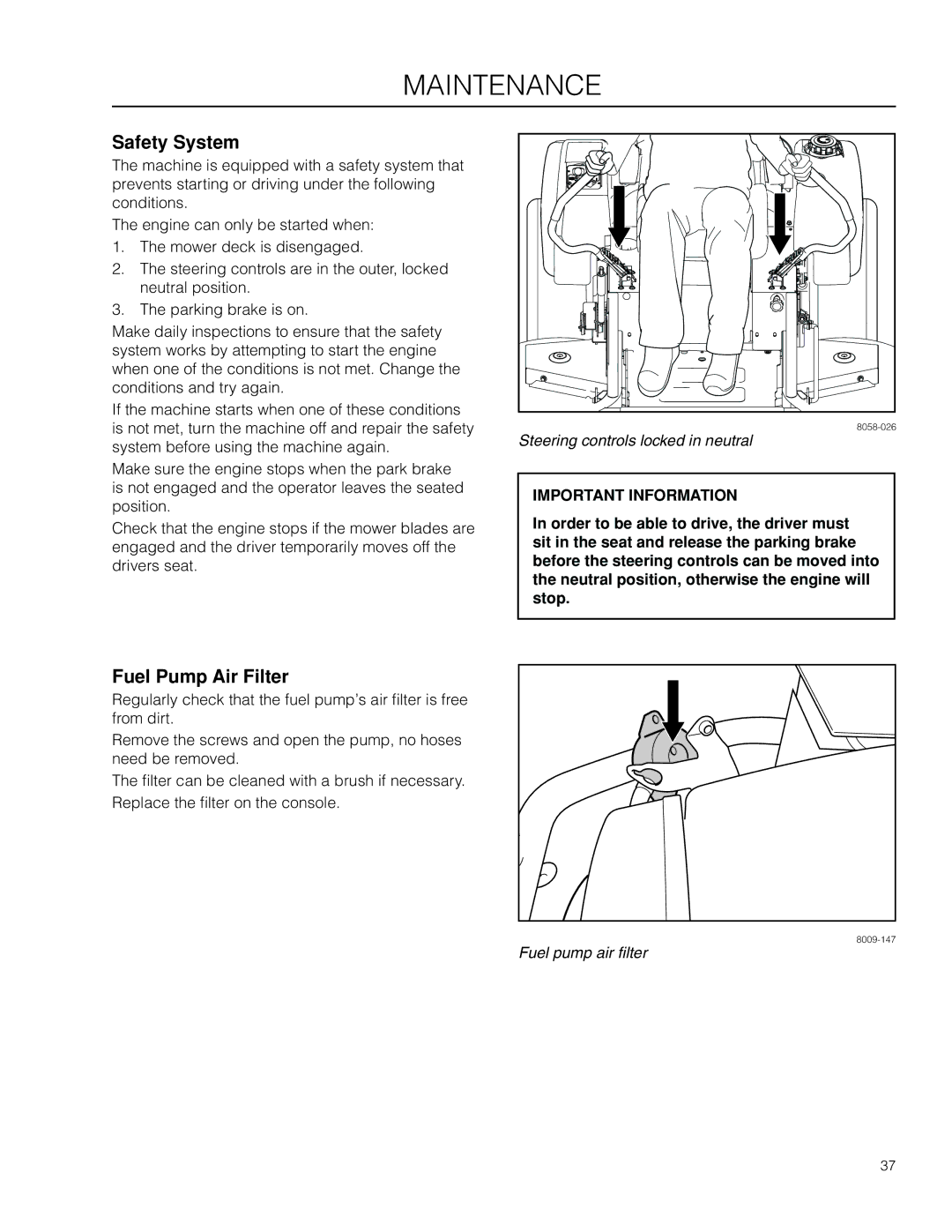 Husqvarna 966495701, 96521501, 966514801, RZ4219BF, RZ4219R, 350927R1 manual Safety System, Fuel Pump Air Filter 