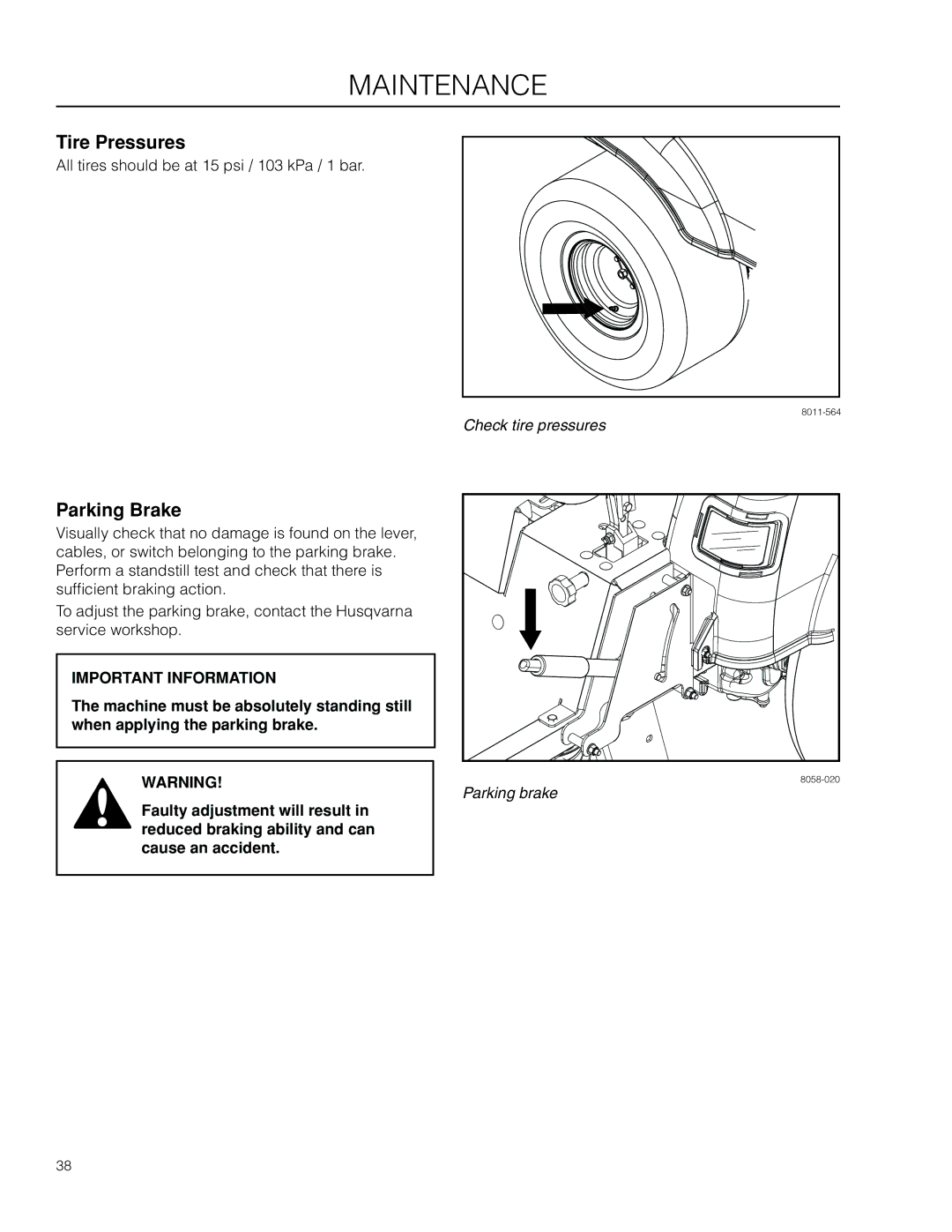 Husqvarna 966514801, 96521501, 966495701, RZ4219BF, RZ4219R, 350927R1 manual Tire Pressures, Parking Brake 