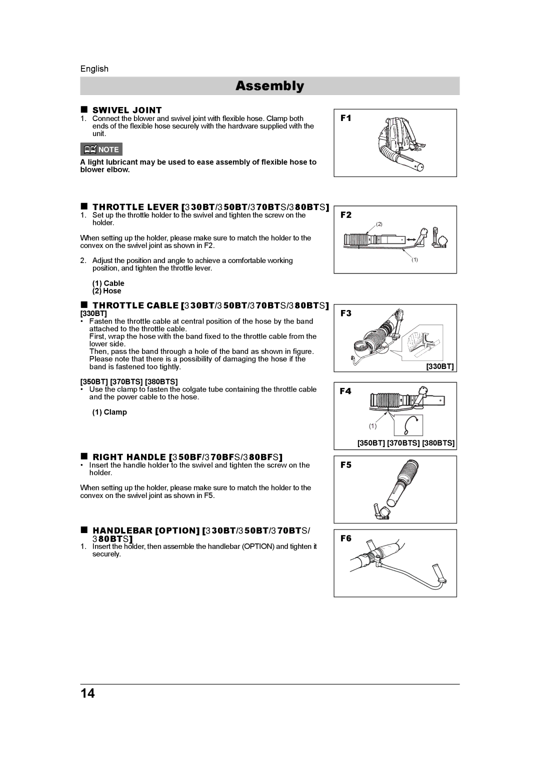 Husqvarna 380BTS/BFS, 965877502, 350BT/BF, 370BTS/BFS manual Assembly, „ Swivel Joint, „ Right Handle 350BF/370BFS/380BFS 