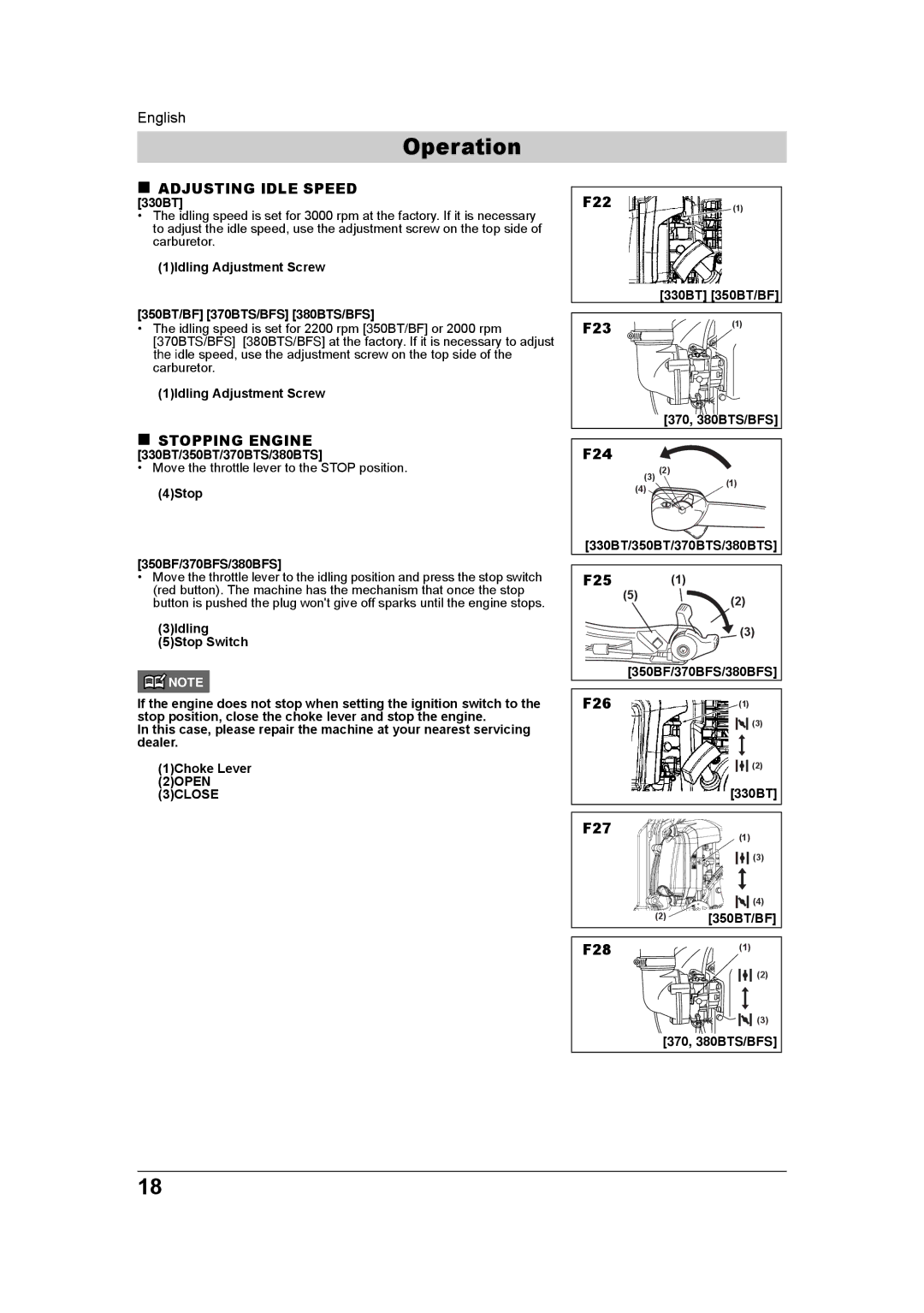 Husqvarna 380BTS/BFS, 965877502, 350BT/BF, 370BTS/BFS manual „ Adjusting Idle Speed, „ Stopping Engine 