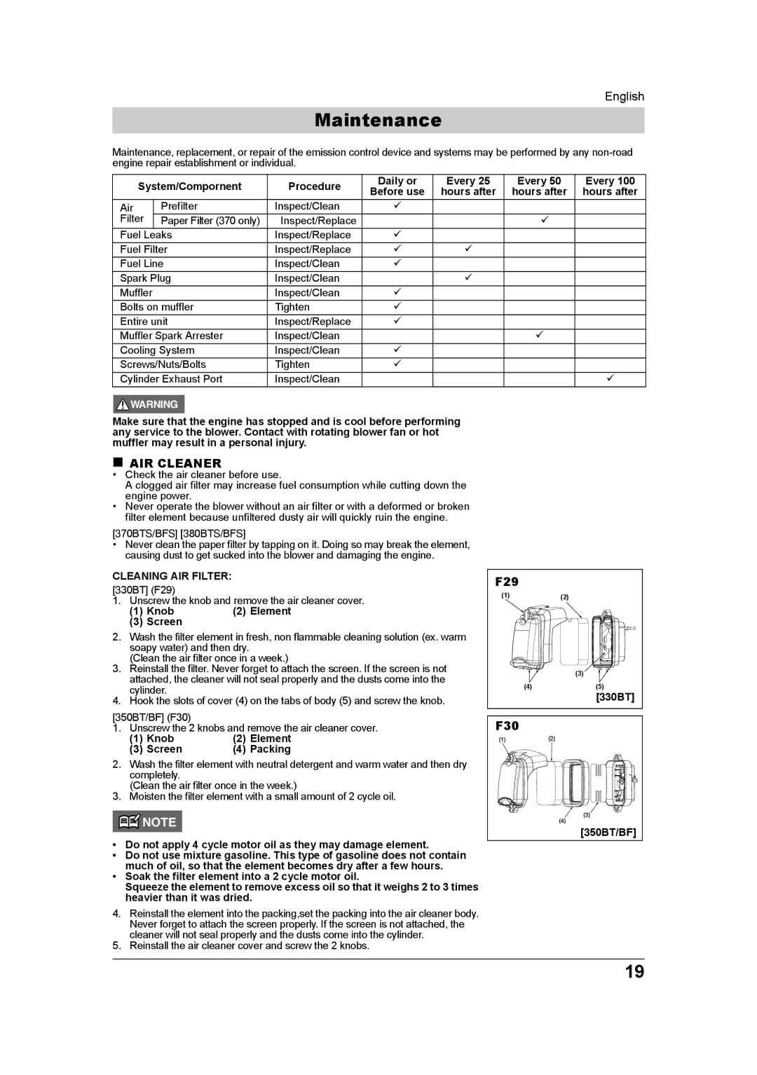 Husqvarna 370BTS/BFS, 965877502, 350BT/BF, 380BTS/BFS manual Maintenance, „ AIR Cleaner, Cleaning AIR Filter 