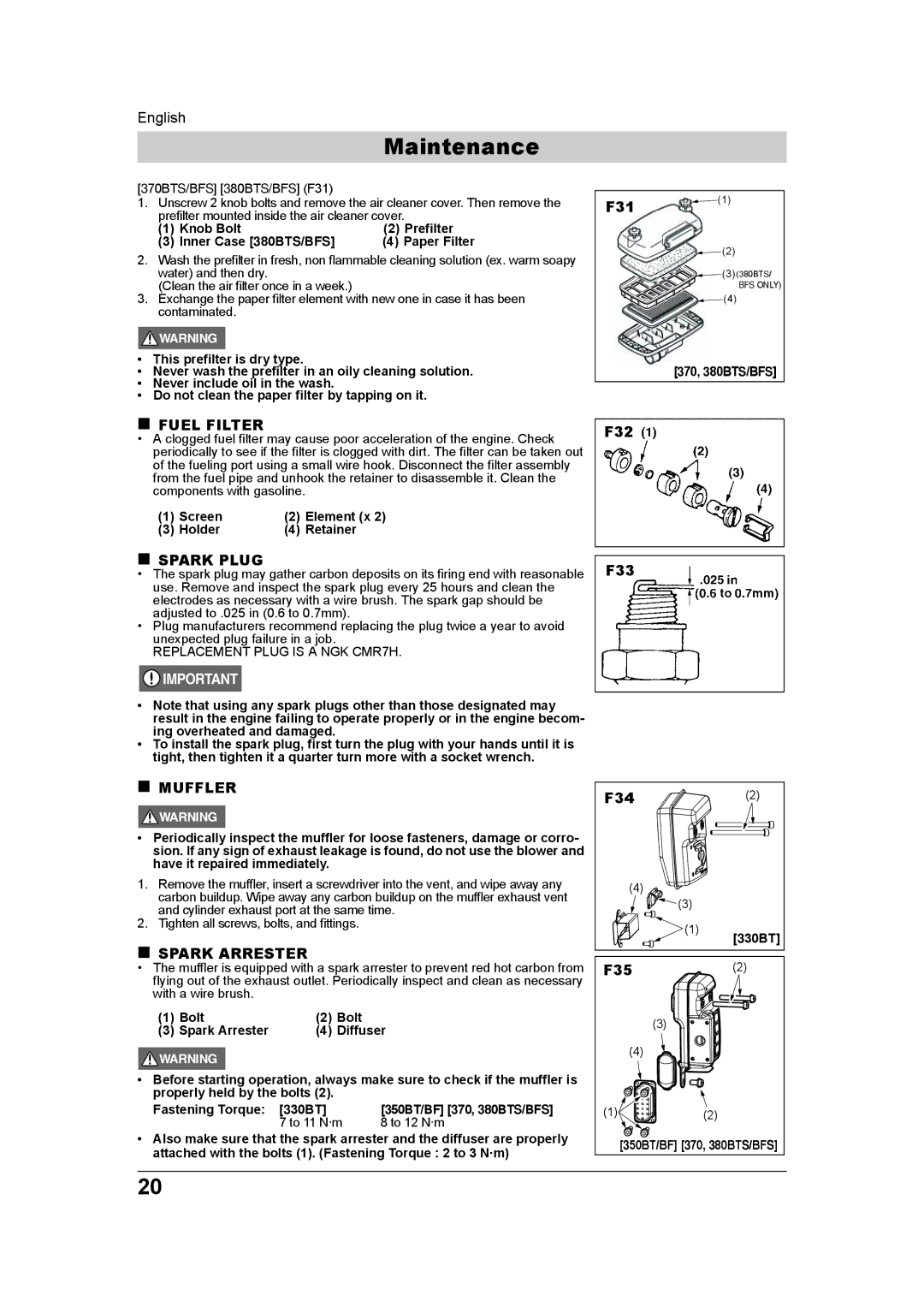 Husqvarna 965877502, 350BT/BF, 380BTS/BFS, 370BTS/BFS manual „ Fuel Filter, „ Spark Plug, „ Muffler, „ Spark Arrester 