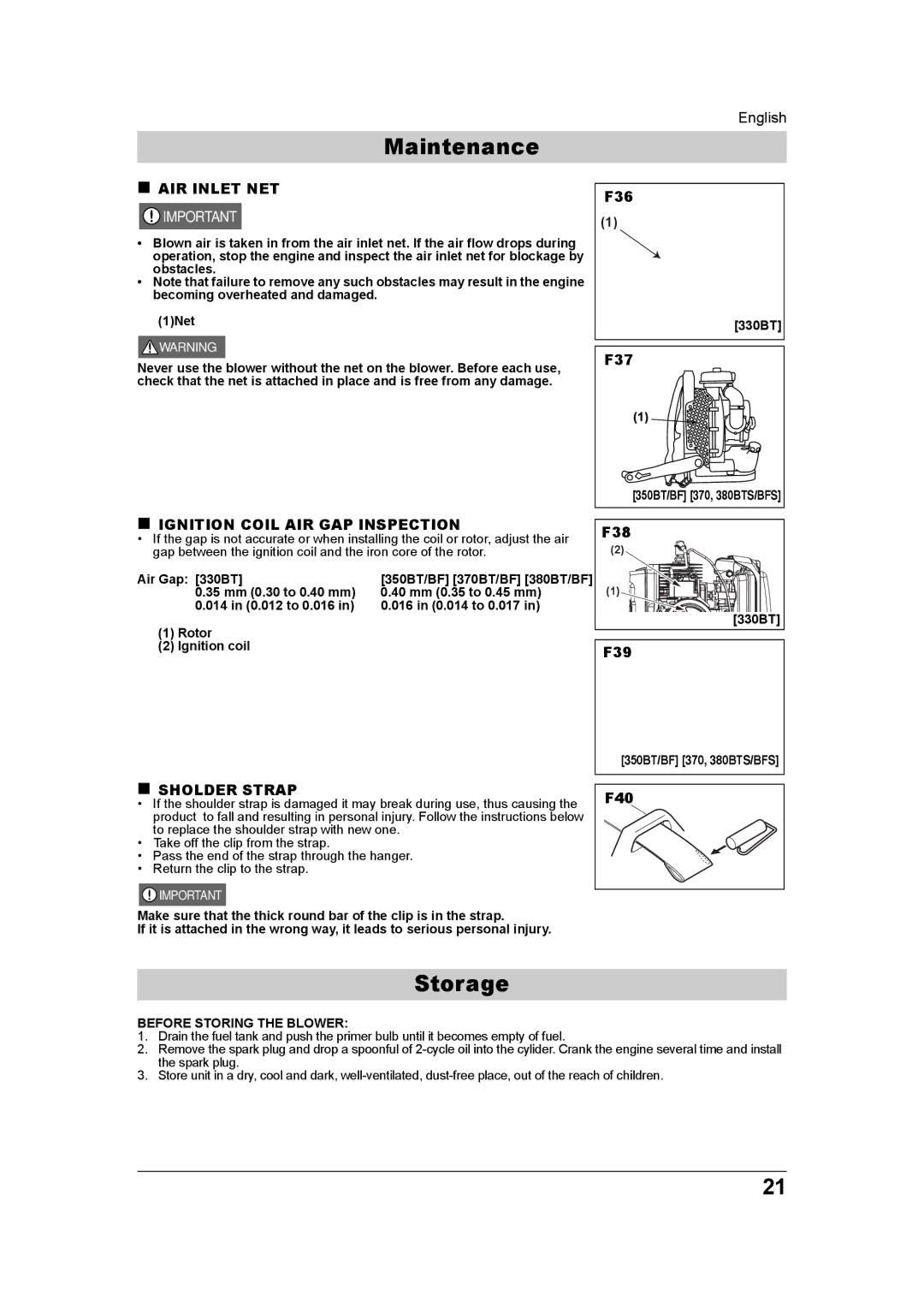 Husqvarna 350BT/BF, 965877502, 380BTS/BFS Storage, „ AIR Inlet NET, „ Ignition Coil AIR GAP Inspection, „ Sholder Strap 