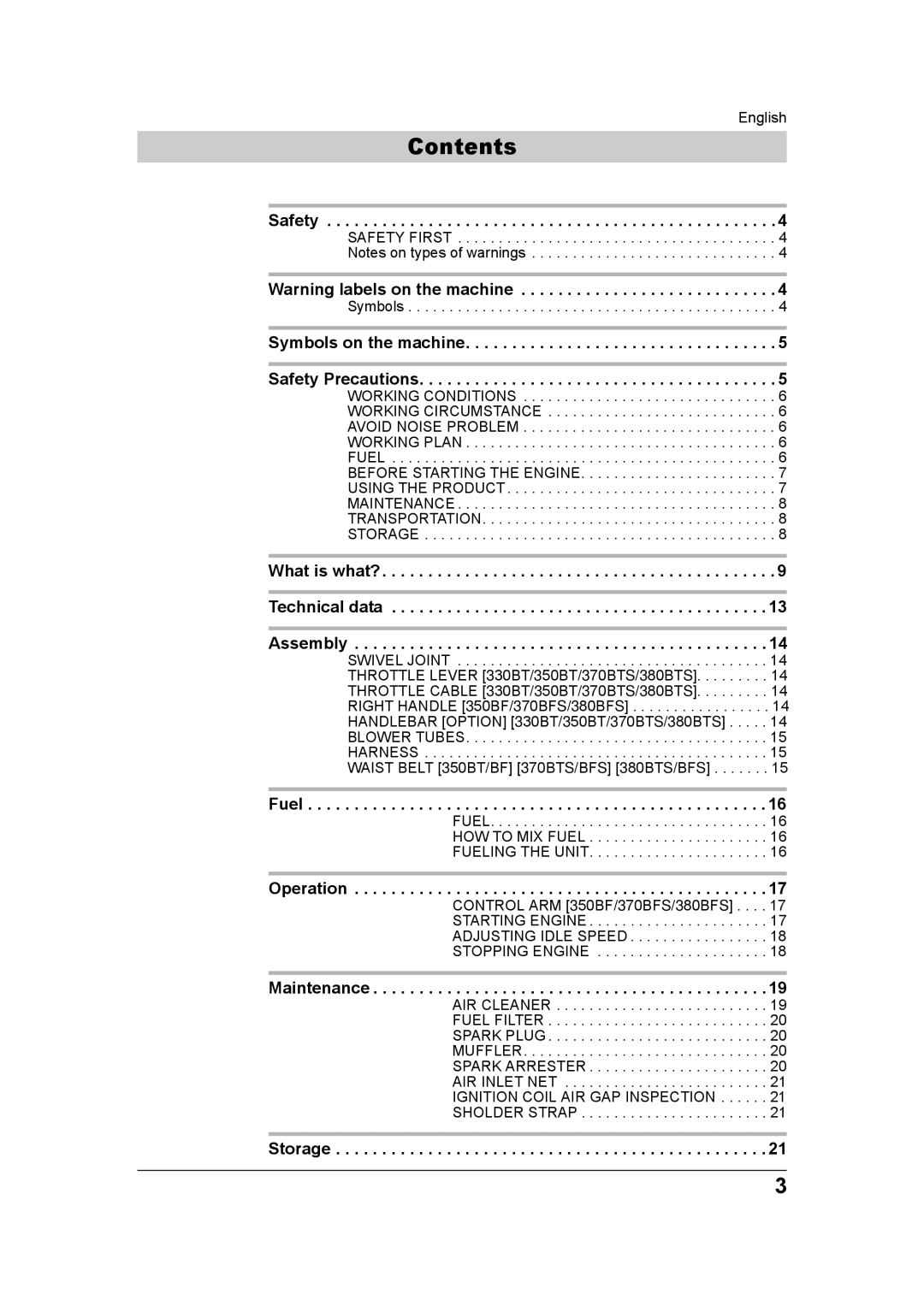 Husqvarna 370BTS/BFS, 965877502, 350BT/BF, 380BTS/BFS manual Contents 