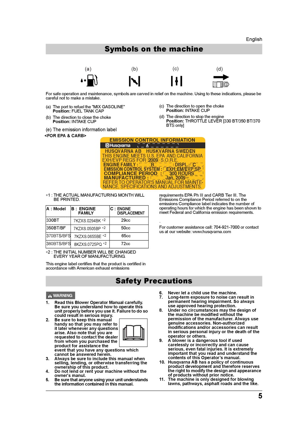 Husqvarna 350BT/BF, 965877502, 380BTS/BFS Symbols on the machine, Safety Precautions, For EPA & Carb, Model, Engine Family 