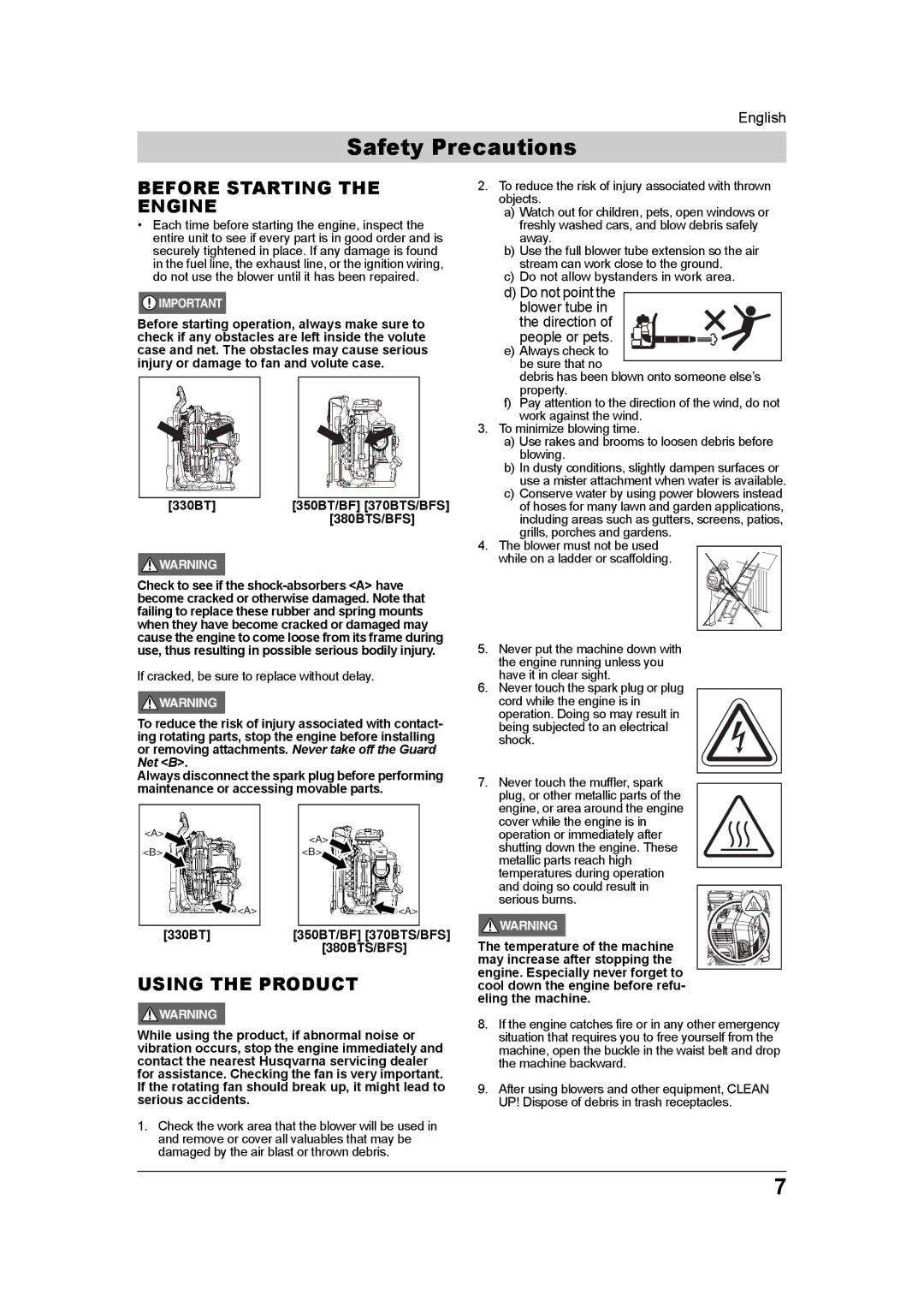 Husqvarna 965877502 manual Before Starting the Engine, Using the Product, 330BT 350BT/BF 370BTS/BFS 380BTS/BFS 