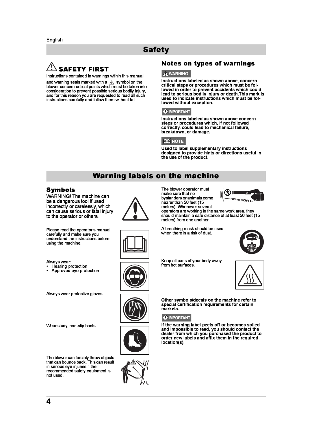 Husqvarna 965877502, 350BT/BF manual Warning labels on the machine, Safety First, Notes on types of warnings, Symbols 
