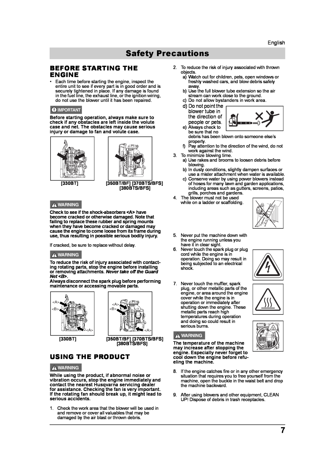 Husqvarna 370BTS/BFS, 965877502, 350BT/BF, 380BTS/BFS manual Safety Precautions, Before Starting The Engine, Using The Product 