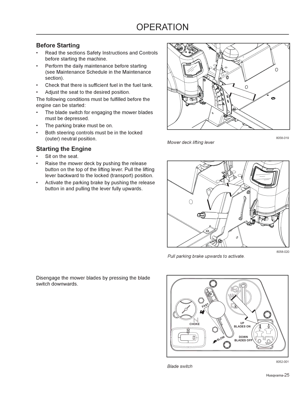 Husqvarna 965881101, 965881401, 965881301, 965881201, 965921501, RZ5424, RZ5422, RZ4619 Before Starting, Starting the Engine 