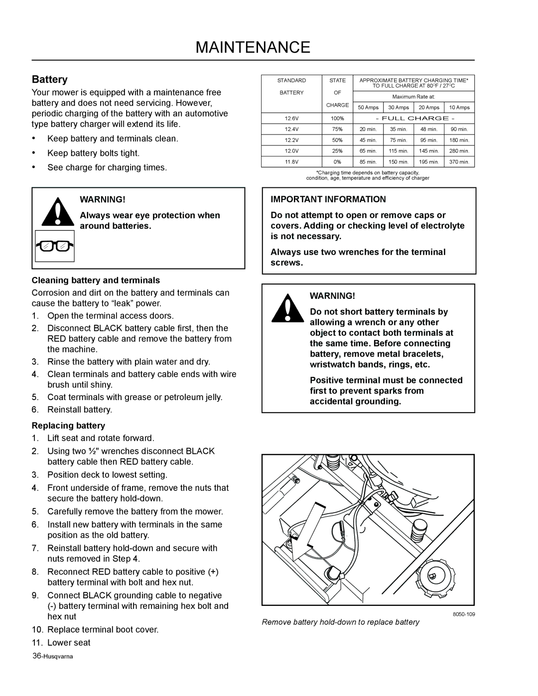 Husqvarna 965881101, 965881401, 965881301, 965881201, 965921501, RZ5424, RZ5422, RZ4619, RZ4620, RZ4219 Battery, Replacing battery 