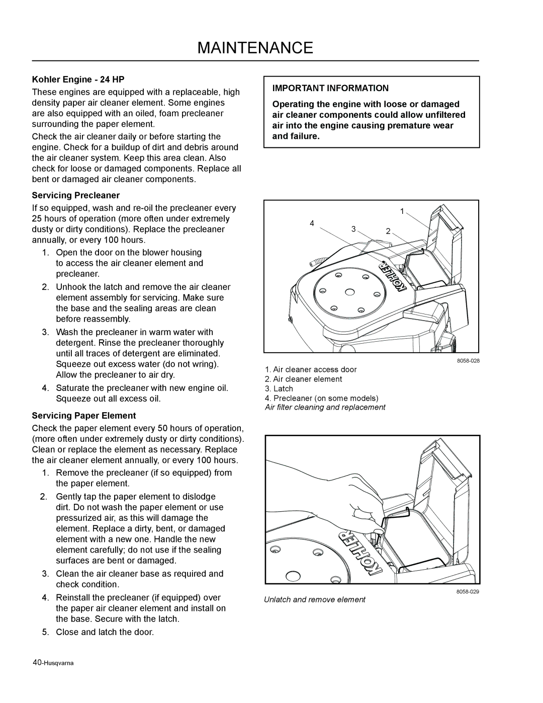 Husqvarna RZ4619, 965881401, 965881301, 965881201, RZ5424 Kohler Engine 24 HP, Servicing Precleaner, Servicing Paper Element 