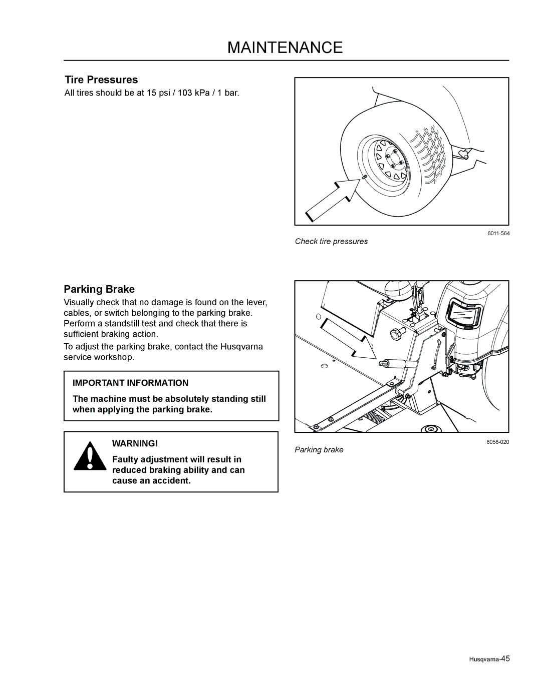 Husqvarna 965881301, 965881401, 965881201, 965881101, 965921501, RZ5424, RZ5422, RZ4619, RZ4620 Tire Pressures, Parking Brake 