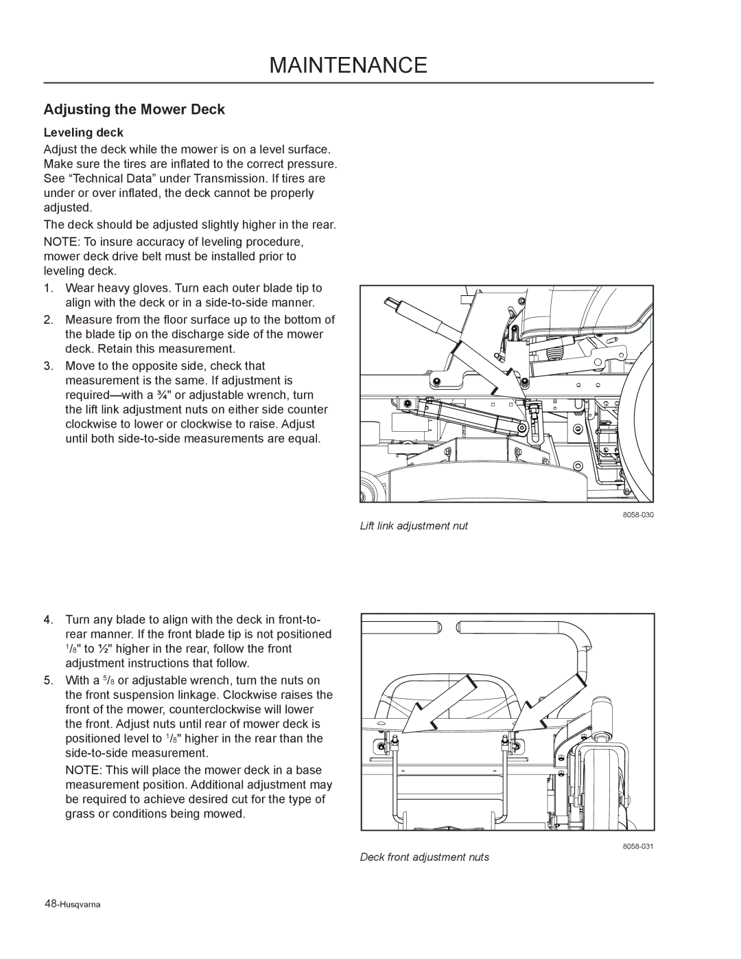 Husqvarna 965921501, 965881401, 965881301, 965881201, 965881101, RZ5424, RZ5422, RZ4619 Adjusting the Mower Deck, Leveling deck 