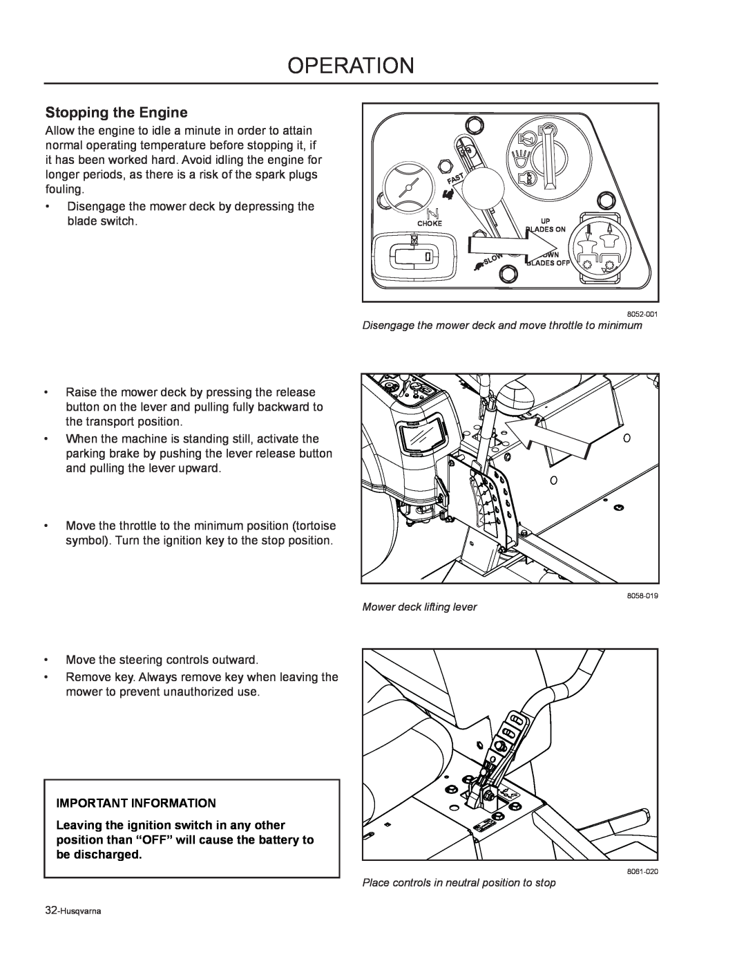 Husqvarna 115 127127 IR, 965881401, 965881301, 965881201, 965881101 Stopping the Engine, operation, Important Information 