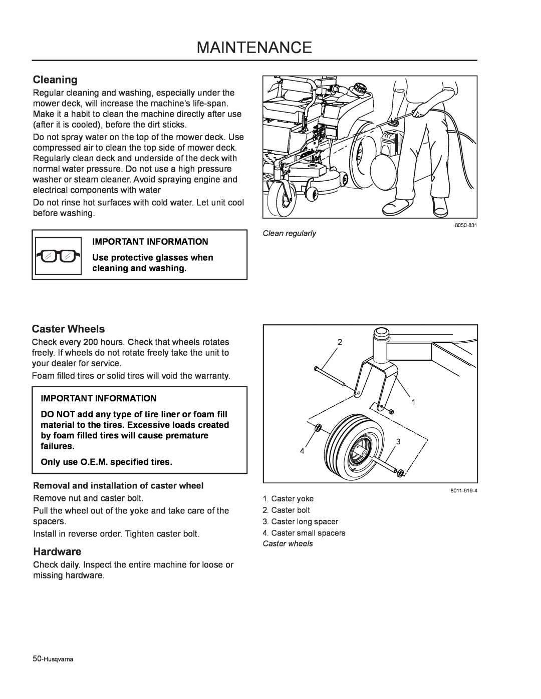 Husqvarna RZ5422 Cleaning, Caster Wheels, Hardware, Maintenance, Important Information, Only use O.E.M. specified tires 
