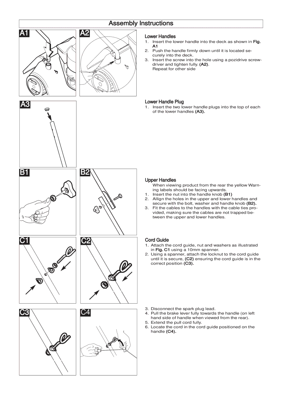 Husqvarna 965969501, 965969201 manual Assembly Instructions, Lower Handles, Lower Handle Plug, Upper Handles, Cord Guide 