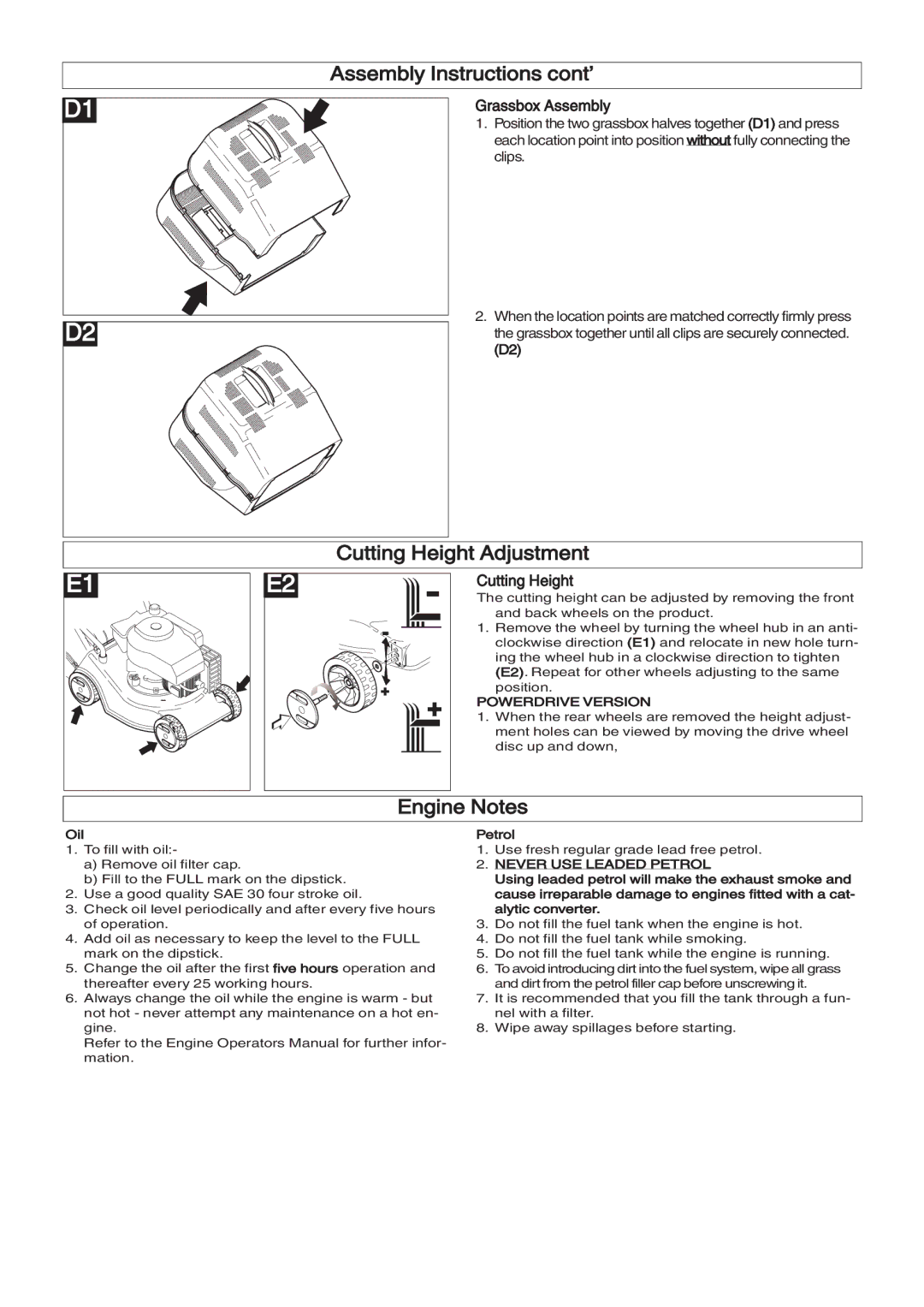 Husqvarna 965969401, 965969201 Assembly Instructions cont’, Cutting Height Adjustment, Engine Notes, Grassbox Assembly 