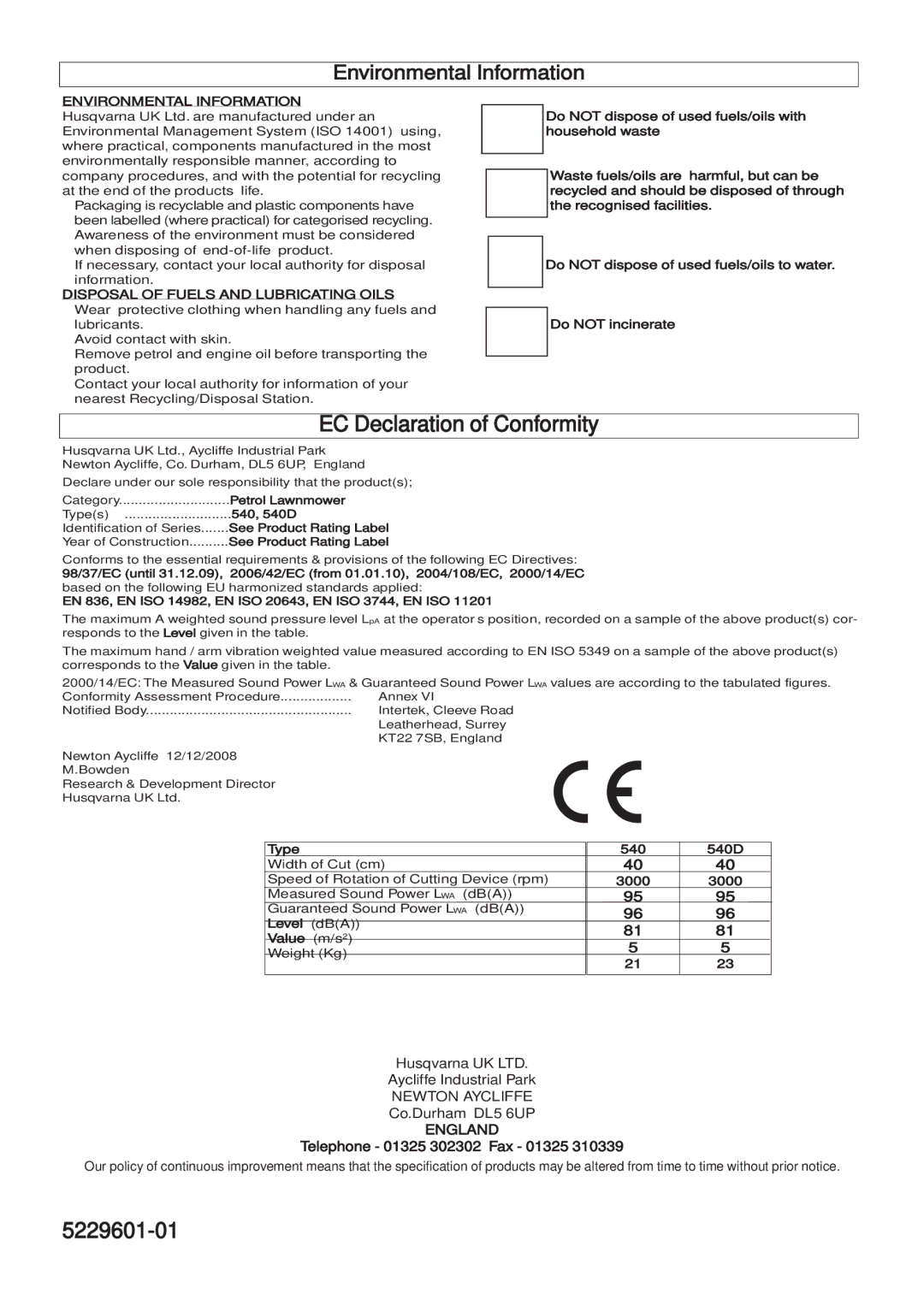 Husqvarna 965984601, 965969201, 965969301, 965984501 EC Declaration of Conformity, 5229601-01, Environmental Information 