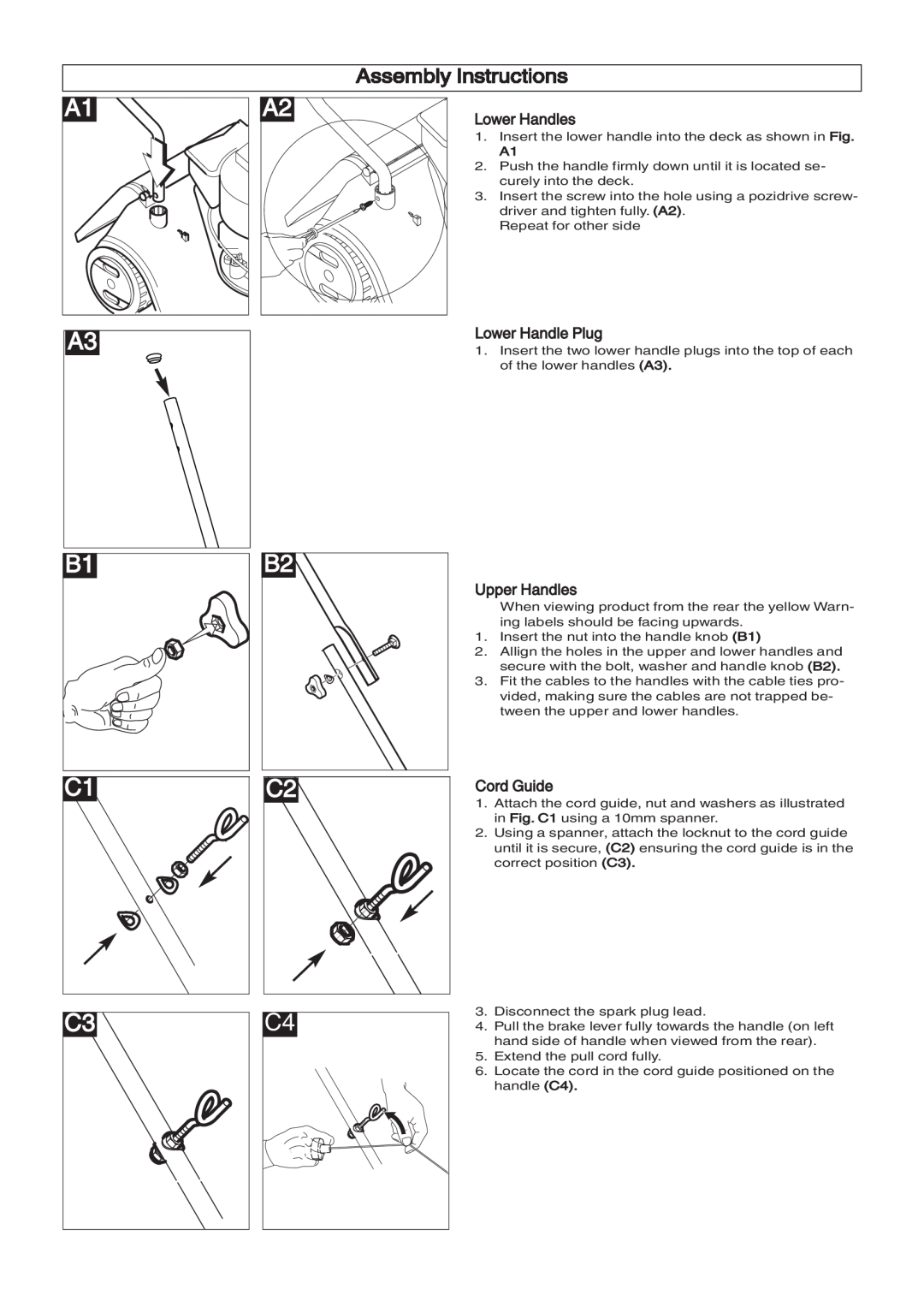 Husqvarna 965969501, 965969201 manual Assembly Instructions, Lower Handles, Lower Handle Plug, Upper Handles, Cord Guide 