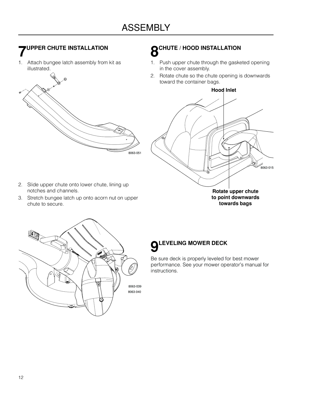 Husqvarna 966 445001, 115 247227 R1 manual 7UPPER Chute Installation 8CHUTE / Hood Installation, 9LEVELING Mower Deck 