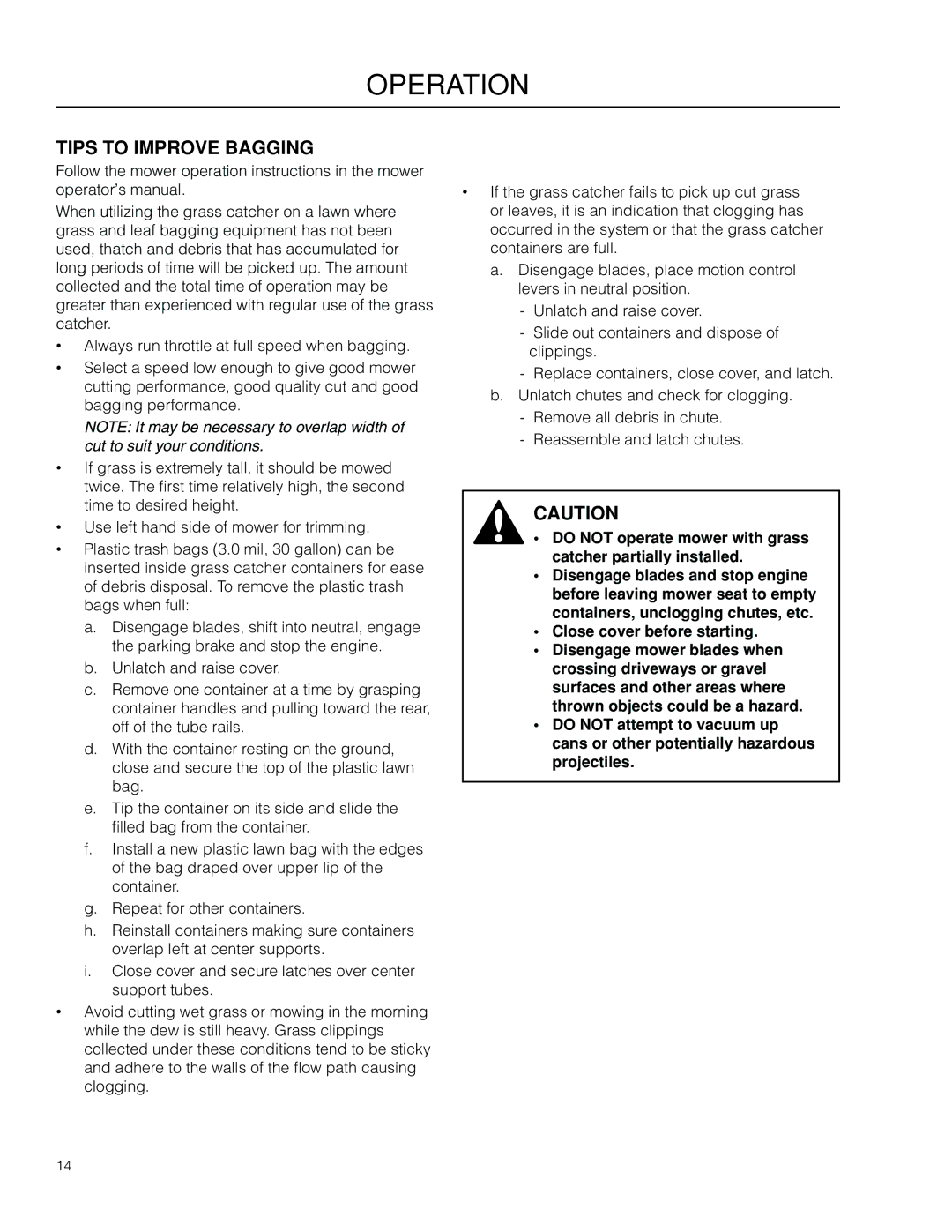 Husqvarna 966 445001, 115 247227 R1 manual Operation, Tips to Improve Bagging 