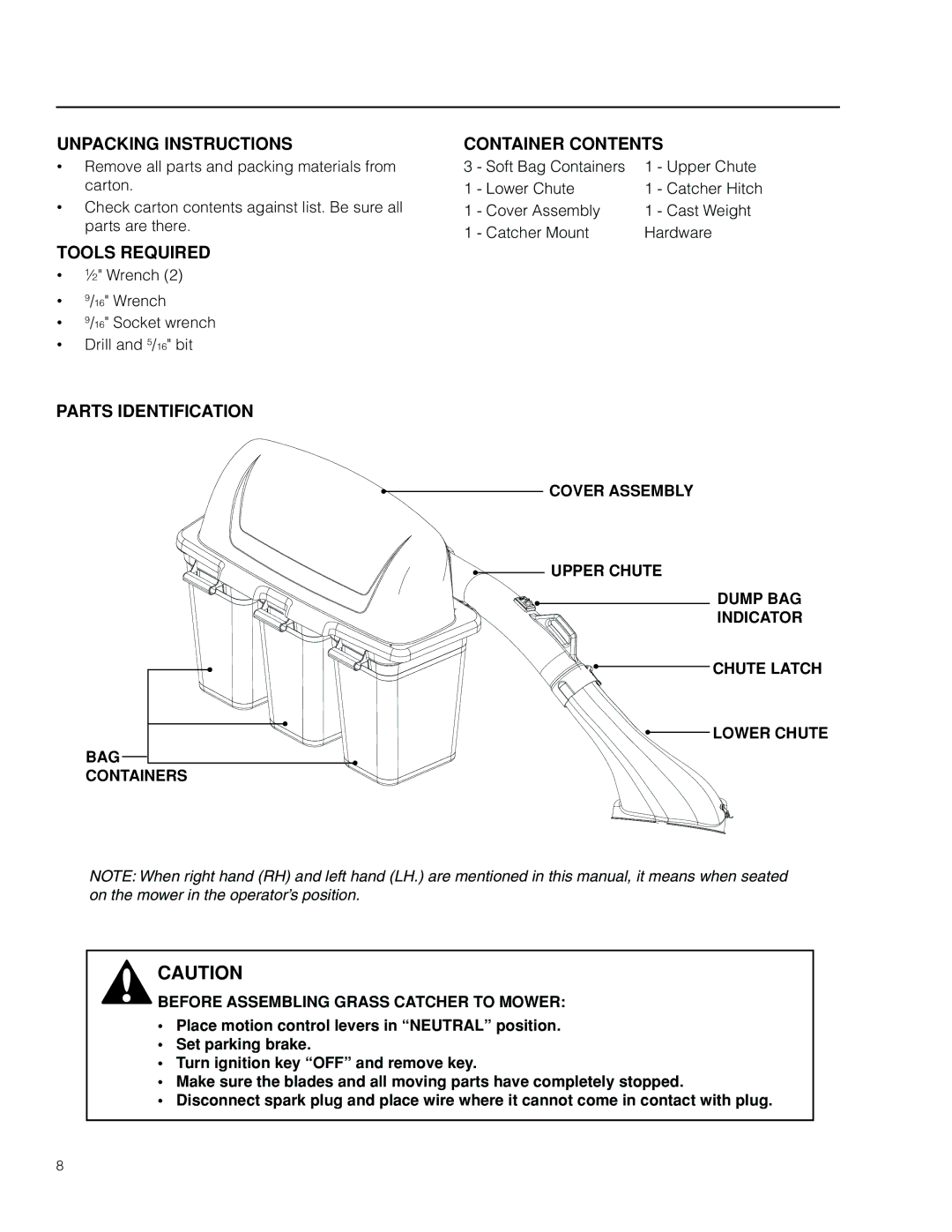 Husqvarna 966 445001, 115 247227 R1 manual Unpacking Instructions Container Contents, Tools Required, Parts Identification 