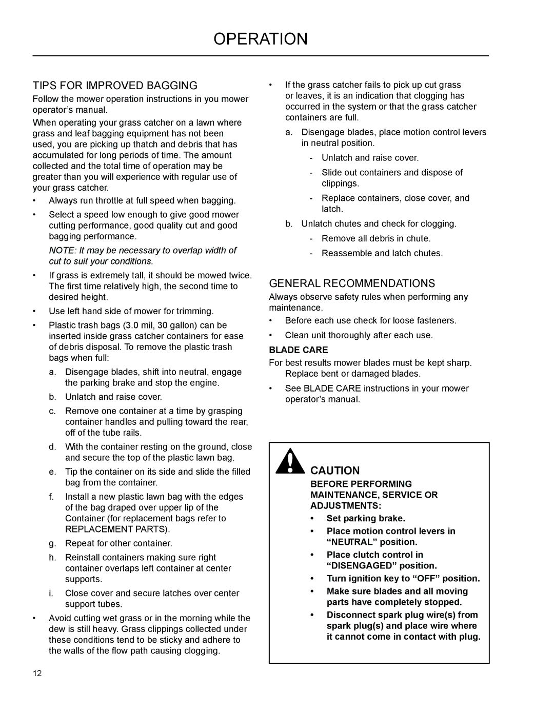 Husqvarna 966004401, 965 610901, 115 149727 R01 Operation, Tips for Improved Bagging, General Recommendations, Blade Care 