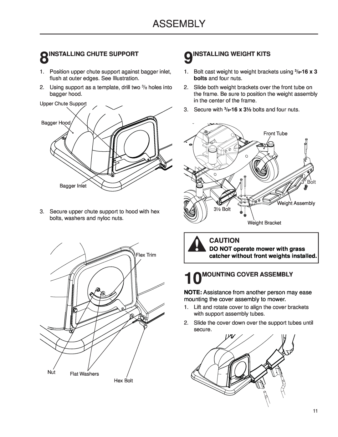 Husqvarna 966004501, 2009-01 manual Assembly, 8INSTALLING CHUTE SUPPORT, 9INSTALLING WEIGHT KITS, 10MOUNTING COVER ASSEMBLY 