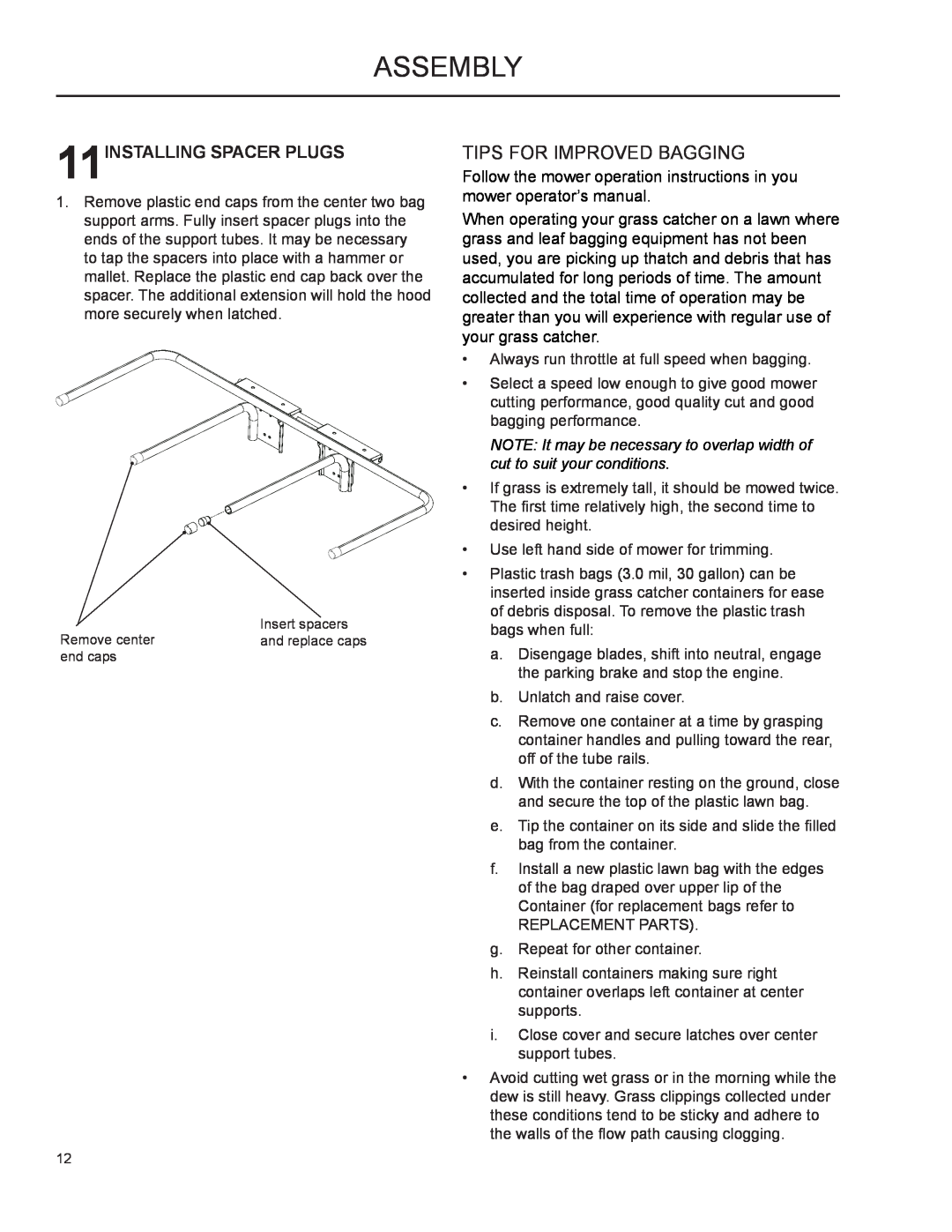 Husqvarna 2009-01, 966004501 manual Tips For Improved Bagging, 11INSTALLING SPACER PLUGS, Assembly 