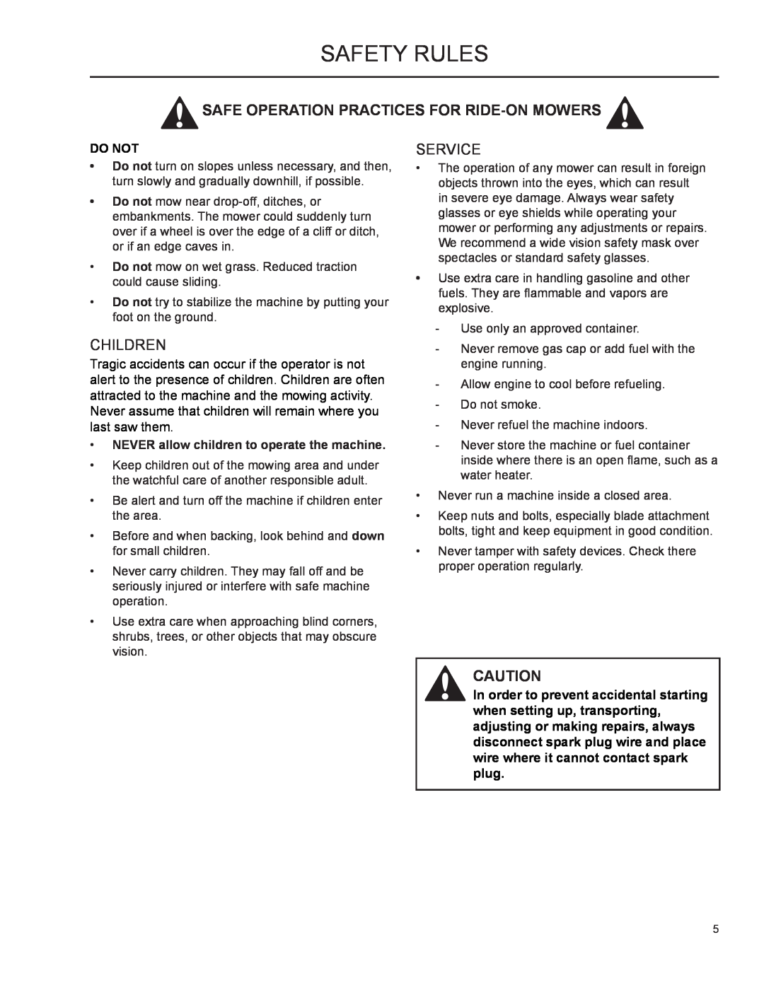 Husqvarna 966004501, 2009-01 manual Children, Service, Safety Rules, Safe Operation Practices For Ride-On Mowers, Do Not 