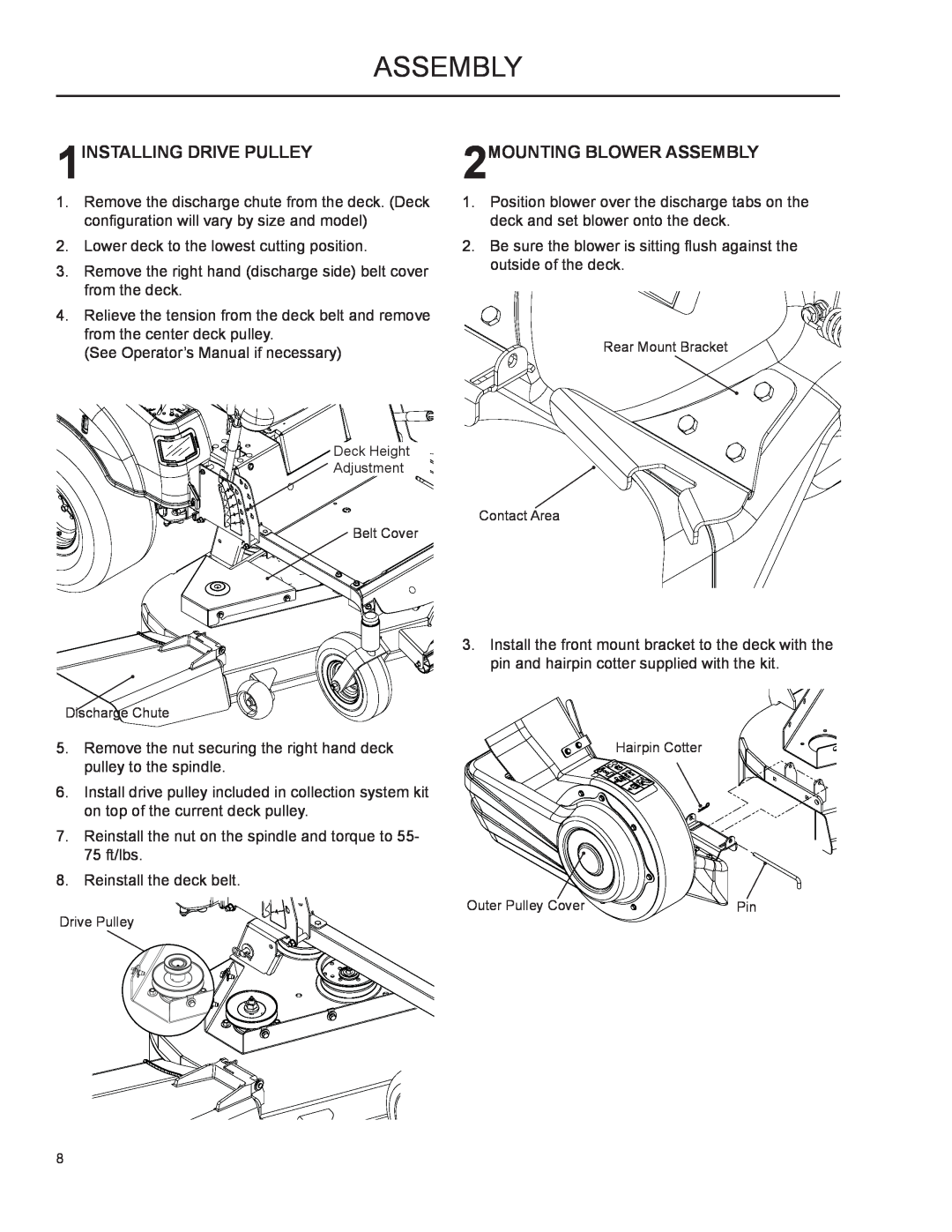 Husqvarna 2009-01, 966004501 manual Assembly, 1INSTALLING DRIVE PULLEY, 2MOUNTING BLOWER ASSEMBLY 