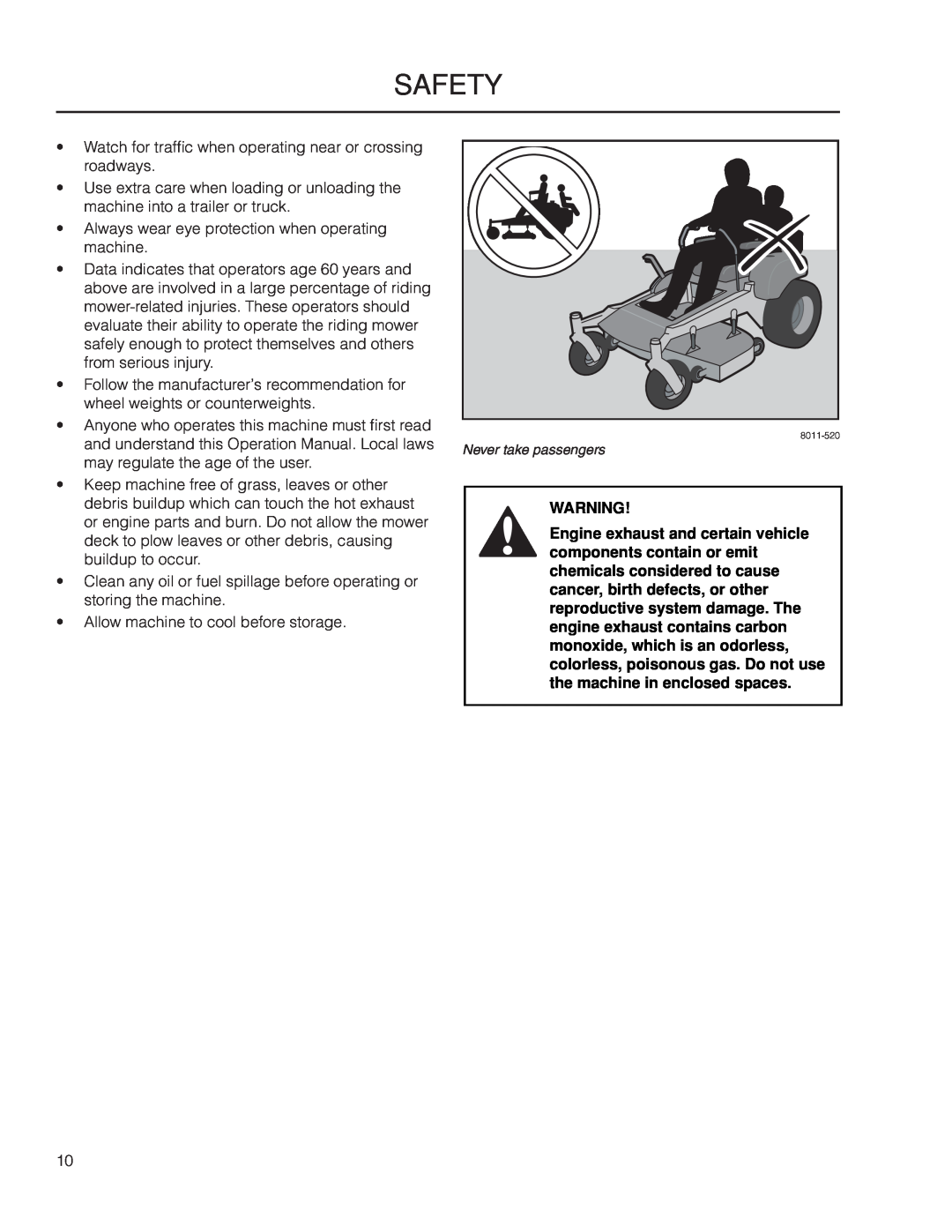 Husqvarna 966062201, 966061401, 966060901, 966061201 manual Safety, Watch for traffic when operating near or crossing roadways 