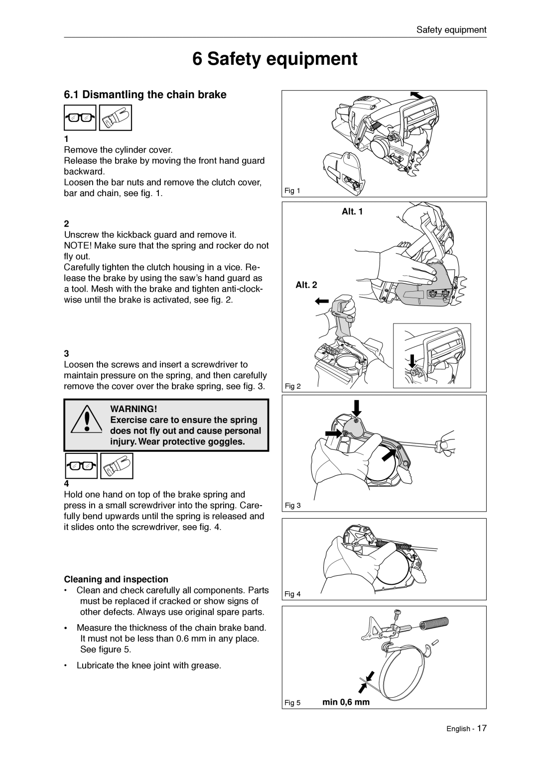 Husqvarna 966451906 manual Dismantling the chain brake, Cleaning and inspection, Alt 