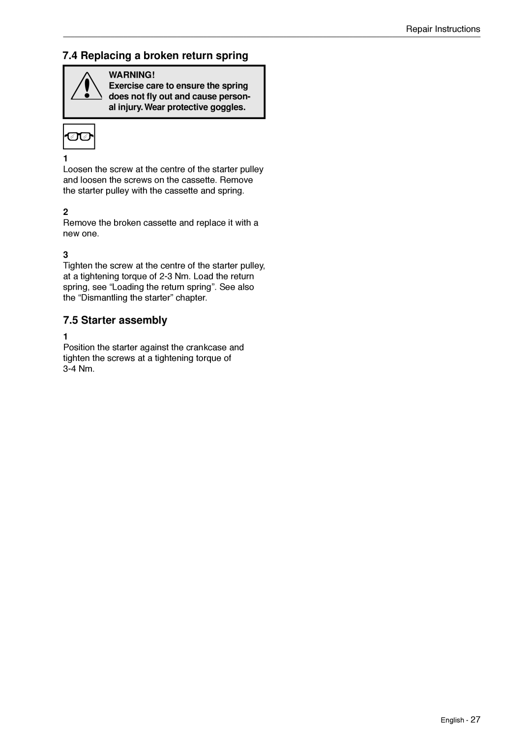 Husqvarna 966451906 manual Replacing a broken return spring, Starter assembly 