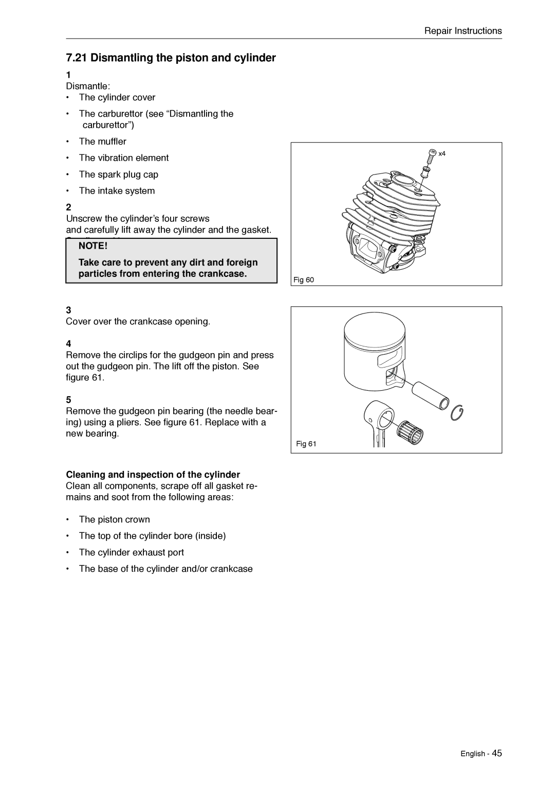 Husqvarna 966451906 manual Dismantling the piston and cylinder 