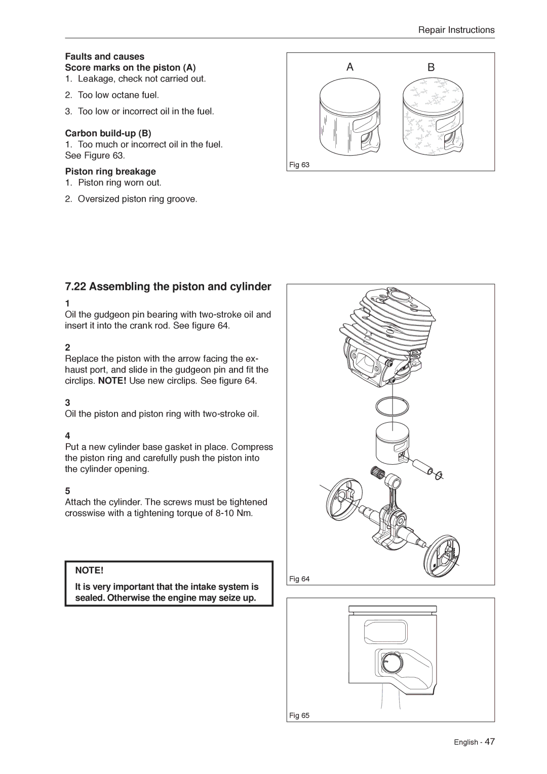 Husqvarna 966451906 Assembling the piston and cylinder, Faults and causes Score marks on the piston a, Carbon build-up B 