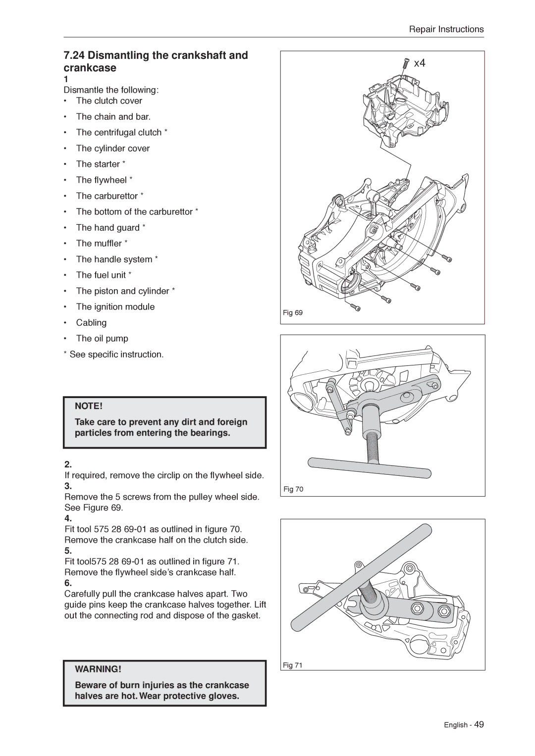 Husqvarna 966451906 manual Dismantling the crankshaft and crankcase 