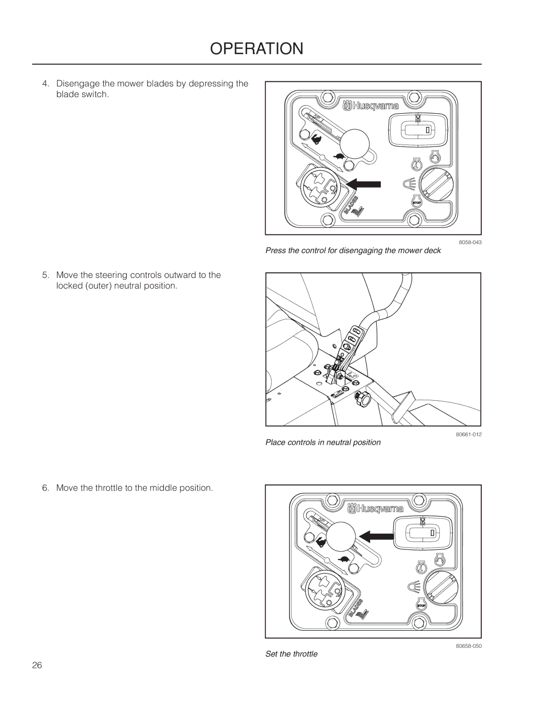 Husqvarna 115 312526R1, 966502301, MZ6128 manual Disengage the mower blades by depressing the blade switch 