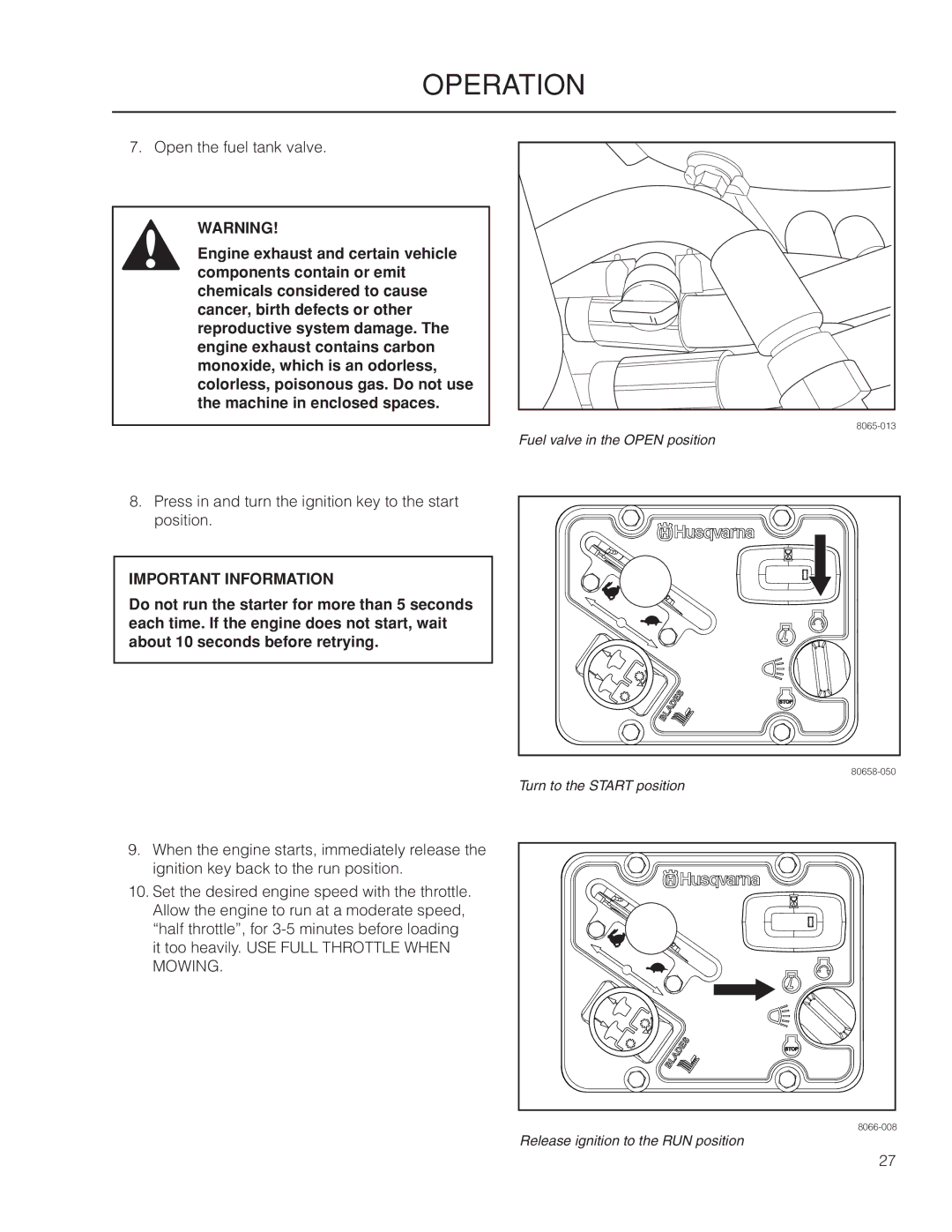 Husqvarna 966502301, MZ6128, 115 312526R1 manual Open the fuel tank valve 