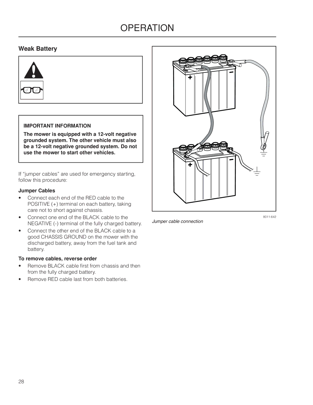 Husqvarna MZ6128, 966502301, 115 312526R1 manual Weak Battery, Jumper Cables, To remove cables, reverse order 