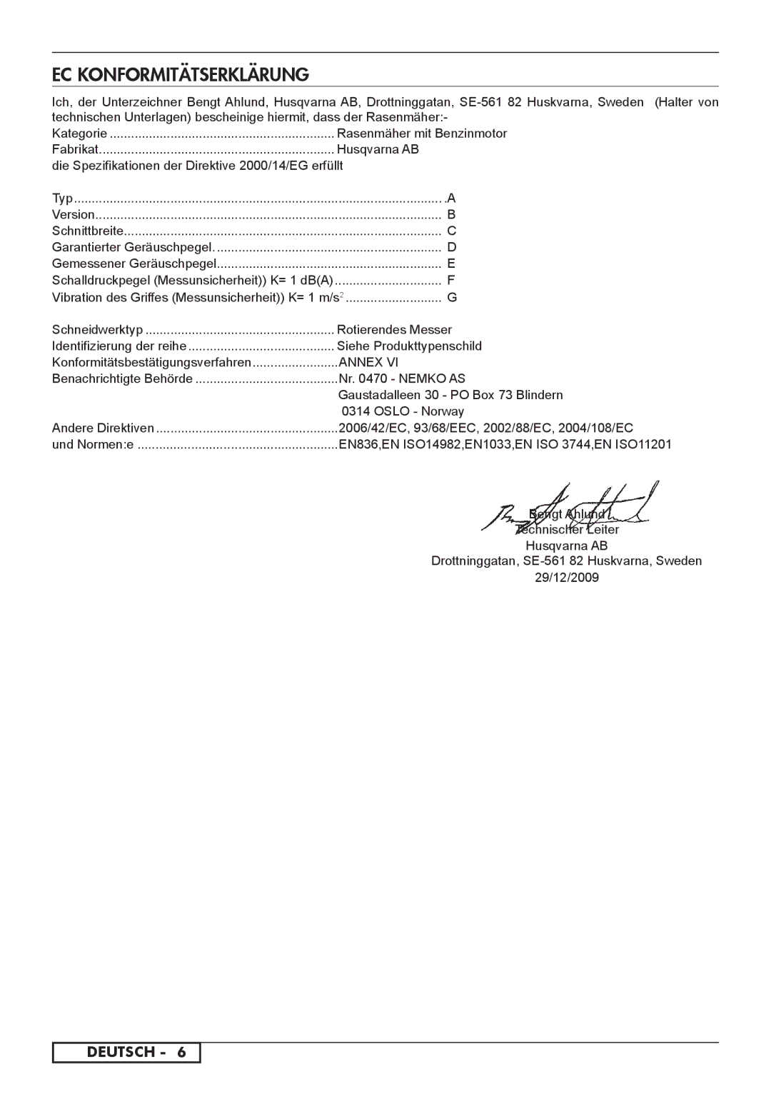 Husqvarna 966524001 EC Konformitätserklärung, Rasenmäher mit Benzinmotor, Rotierendes Messer, Siehe Produkttypenschild 