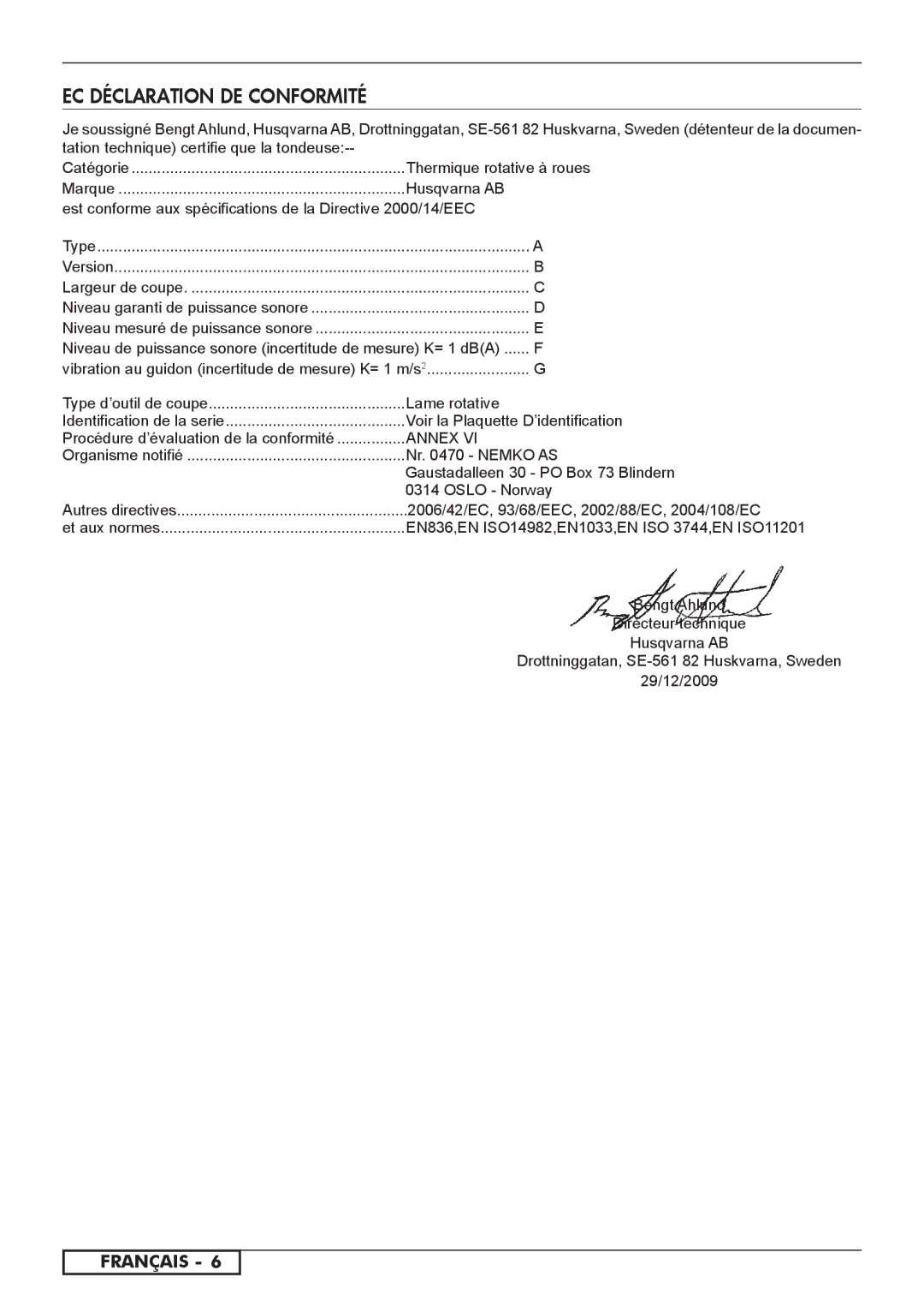 Husqvarna 966524101, 962000110, 962000107 Thermique rotative à roues, Lame rotative, Voir la Plaquette D’identification 